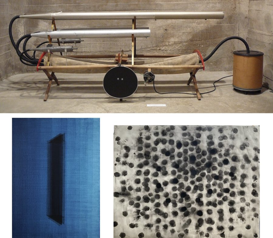 Sound sculpture made of organ pipes by Ad van Aart and two paintings by Servi van Grinsven, Klank en de Kleur exhibition, Breed Art Studios Amsterdam-Noord