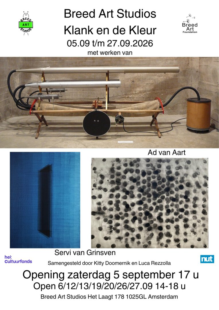 Poster Klank en de Kleur, exhibition by Ad van Aart and Servi van Grinsven, Breed Art Studios Amsterdam-Noord, 5–27 September 2026