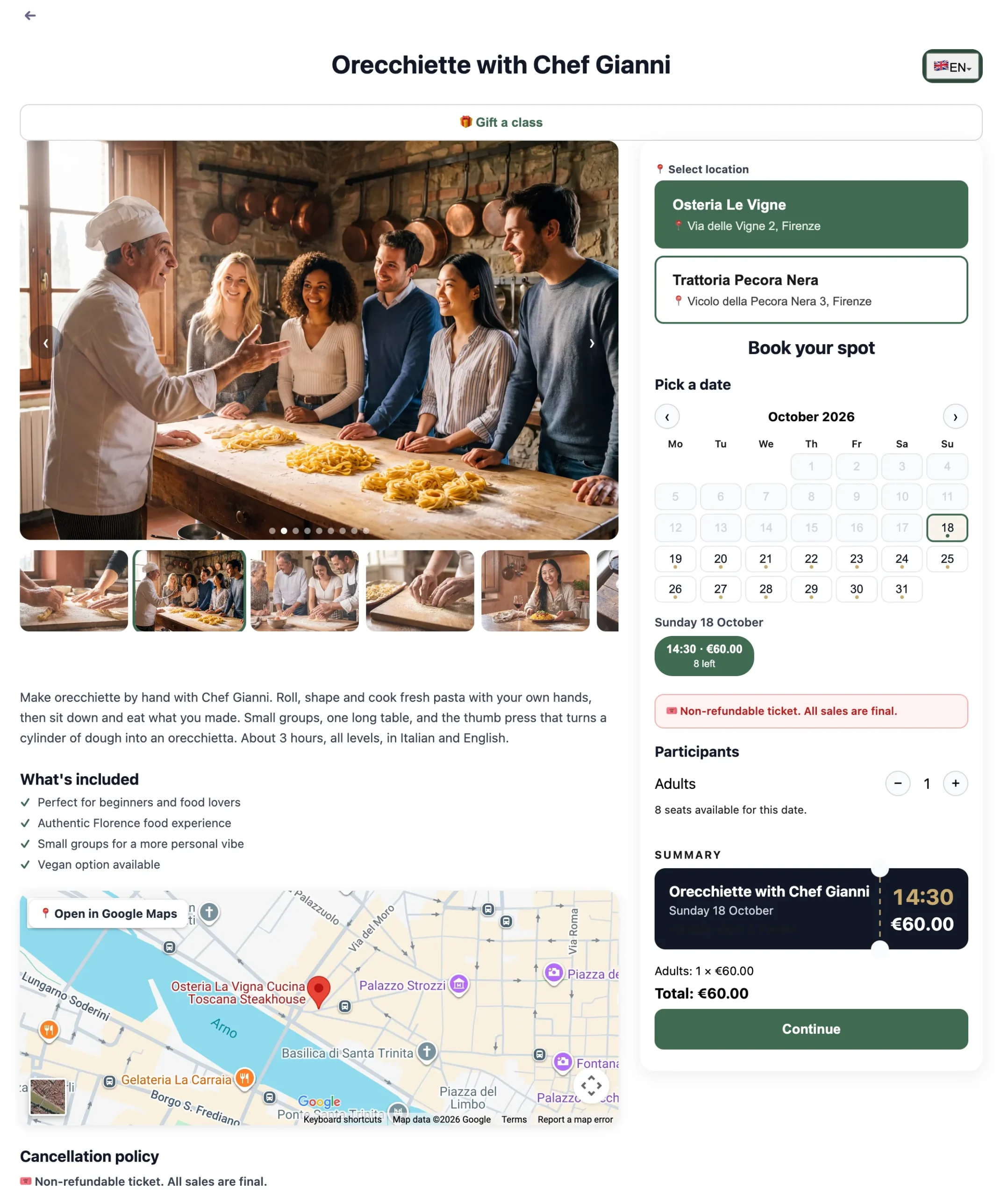 mee-class booking page showing dates, available seats and online payment