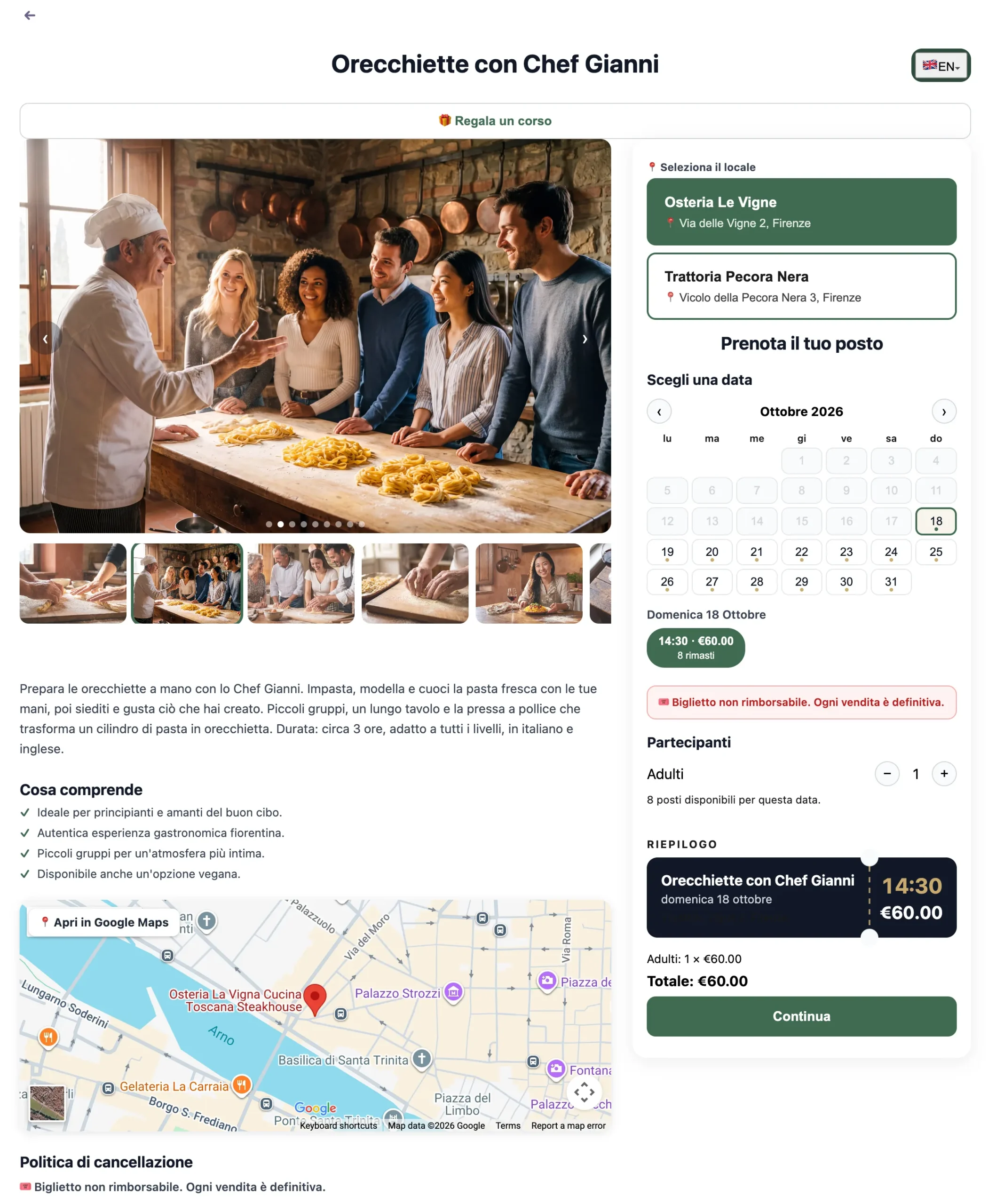 mee-class pagina di prenotazione per corsi di cucina con date, posti disponibili e pagamento online